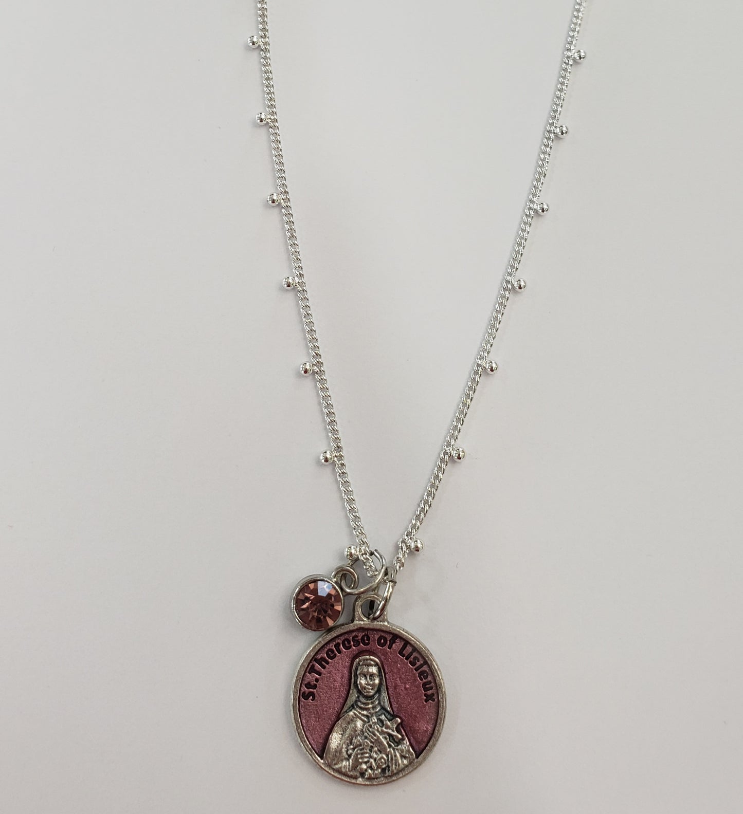 St. Therese of Lisieux Necklace With Pink Gem