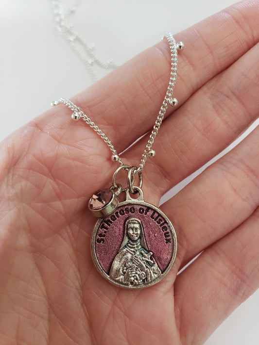 St. Therese of Lisieux Necklace With Pink Gem