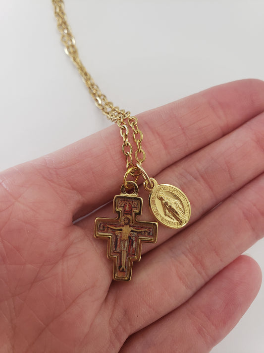 San Damiano Cross + Miraculous Medal Necklace