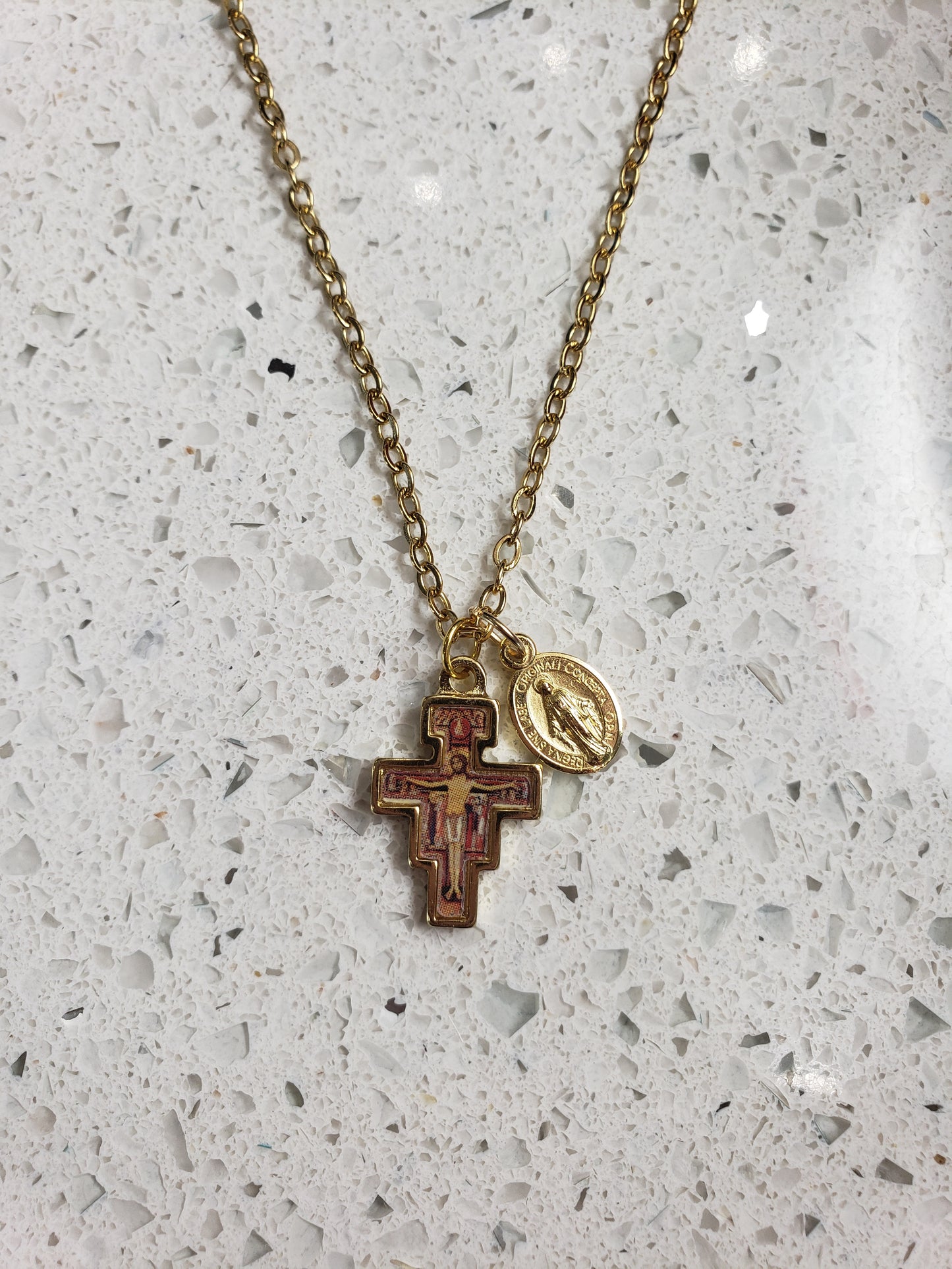 San Damiano Cross + Miraculous Medal Necklace